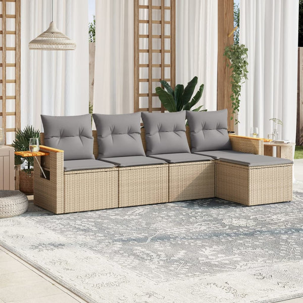 5-tlg. Garten-Sofagarnitur mit Kissen Beige Poly Rattan