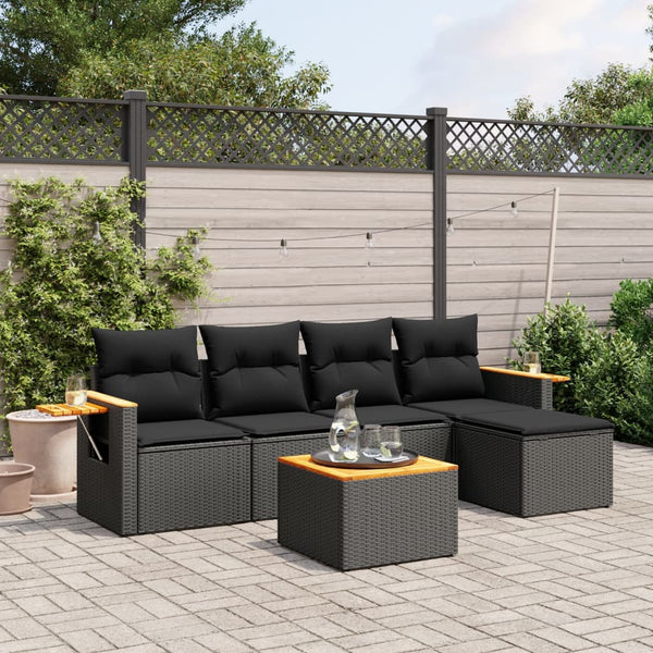 6-tlg. Garten-Sofagarnitur mit Kissen Schwarz Poly Rattan