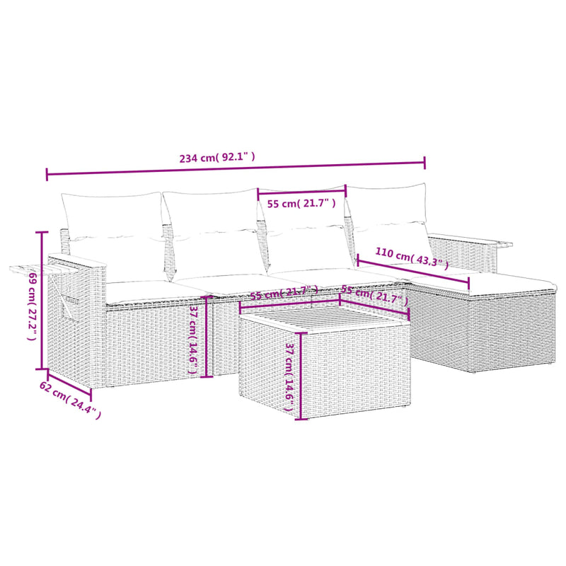 6-tlg. Garten-Sofagarnitur mit Kissen Schwarz Poly Rattan