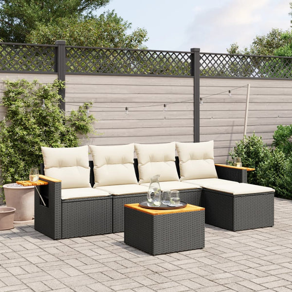 6-tlg. Garten-Sofagarnitur mit Kissen Schwarz Poly Rattan