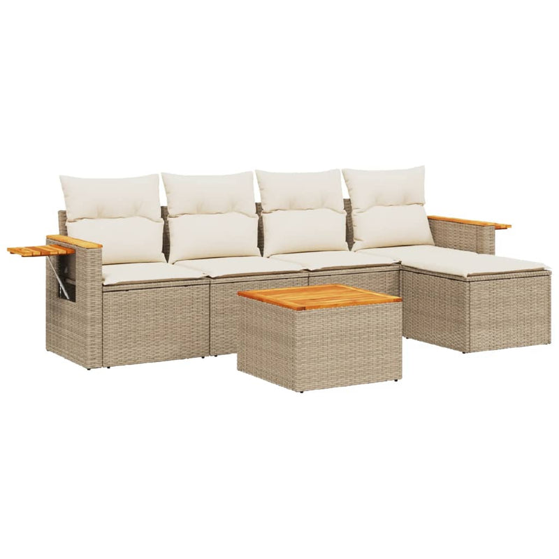 6-tlg. Garten-Sofagarnitur mit Kissen Beige Poly Rattan