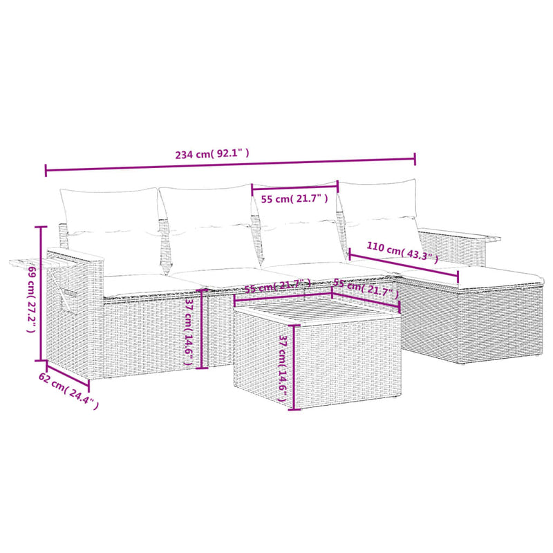 6-tlg. Garten-Sofagarnitur mit Kissen Beige Poly Rattan