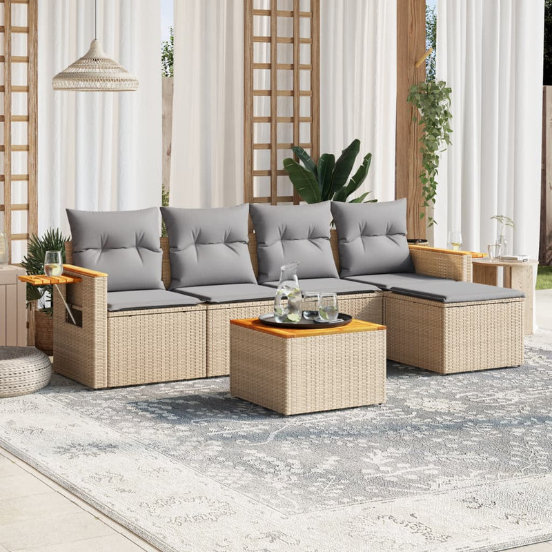 6-tlg. Garten-Sofagarnitur mit Kissen Beige Poly Rattan