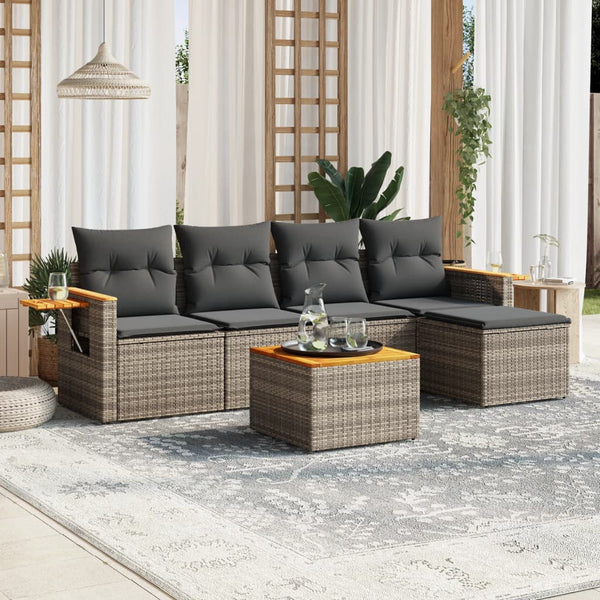 6-tlg. Garten-Sofagarnitur mit Kissen Grau Poly Rattan