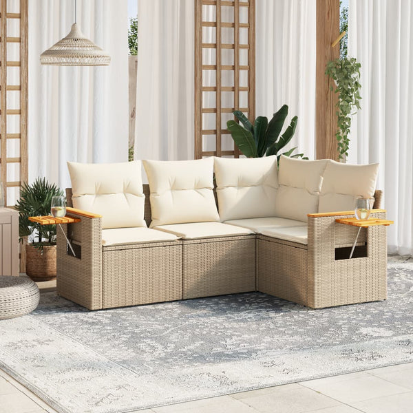 4-tlg. Garten-Sofagarnitur mit Kissen Beige Poly Rattan