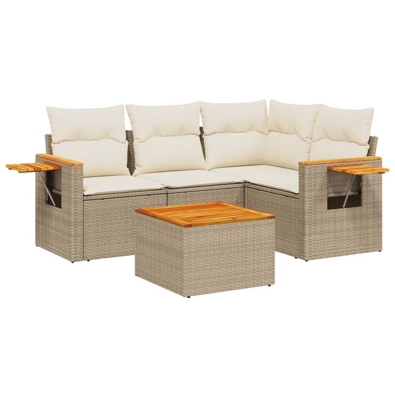 5-tlg. Garten-Sofagarnitur mit Kissen Beige Poly Rattan