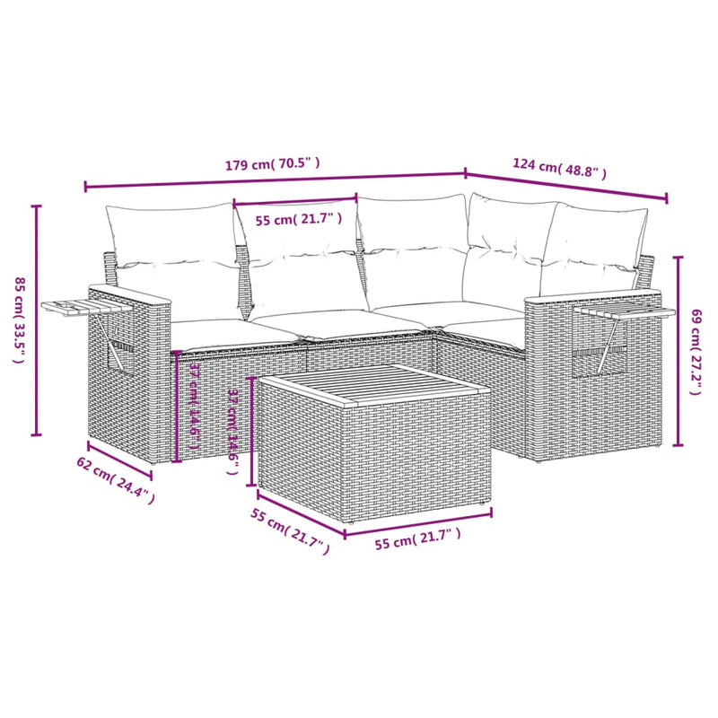 5-tlg. Garten-Sofagarnitur mit Kissen Beige Poly Rattan