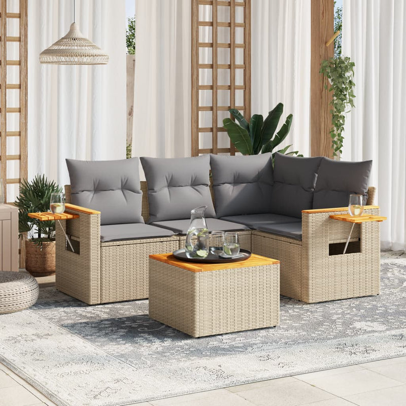 5-tlg. Garten-Sofagarnitur mit Kissen Beige Poly Rattan