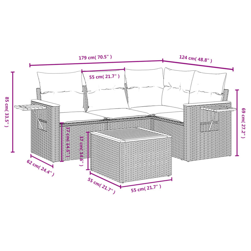 5-tlg. Garten-Sofagarnitur mit Kissen Grau Poly Rattan