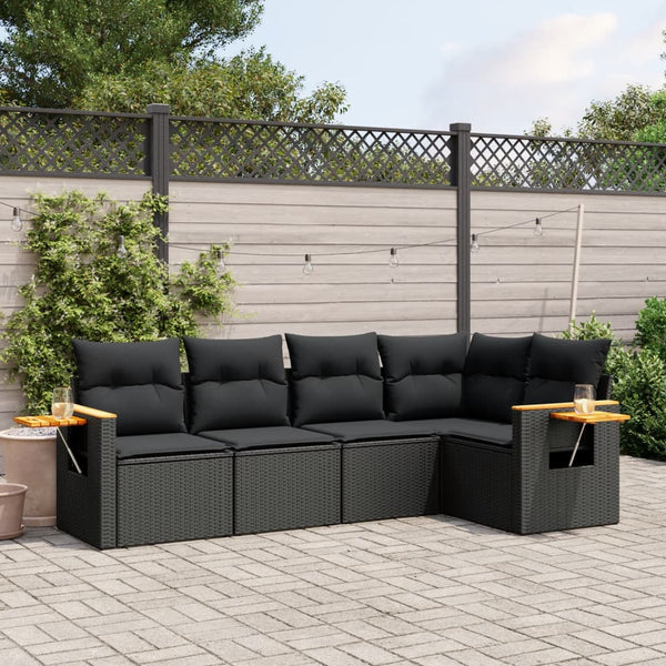 5-tlg. Garten-Sofagarnitur mit Kissen Schwarz Poly Rattan