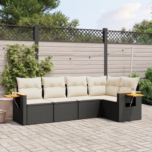 5-tlg. Garten-Sofagarnitur mit Kissen Schwarz Poly Rattan