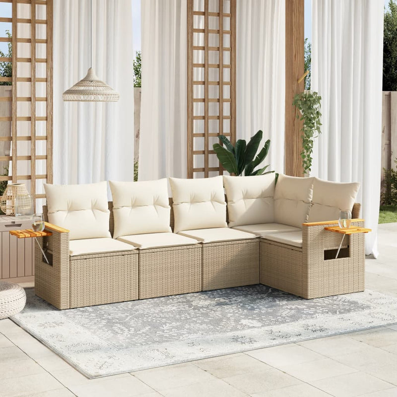 5-tlg. Garten-Sofagarnitur mit Kissen Beige Poly Rattan