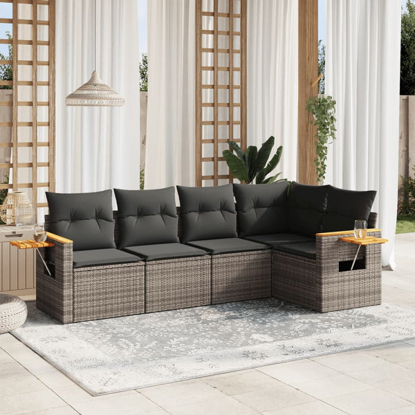 5-tlg. Garten-Sofagarnitur mit Kissen Grau Poly Rattan