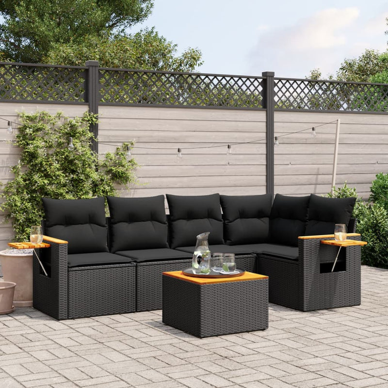 6-tlg. Garten-Sofagarnitur mit Kissen Schwarz Poly Rattan