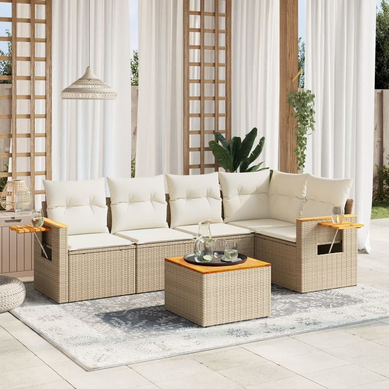 6-tlg. Garten-Sofagarnitur mit Kissen Beige Poly Rattan