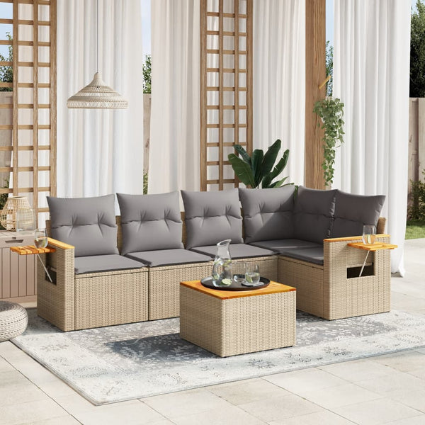 6-tlg. Garten-Sofagarnitur mit Kissen Beige Poly Rattan