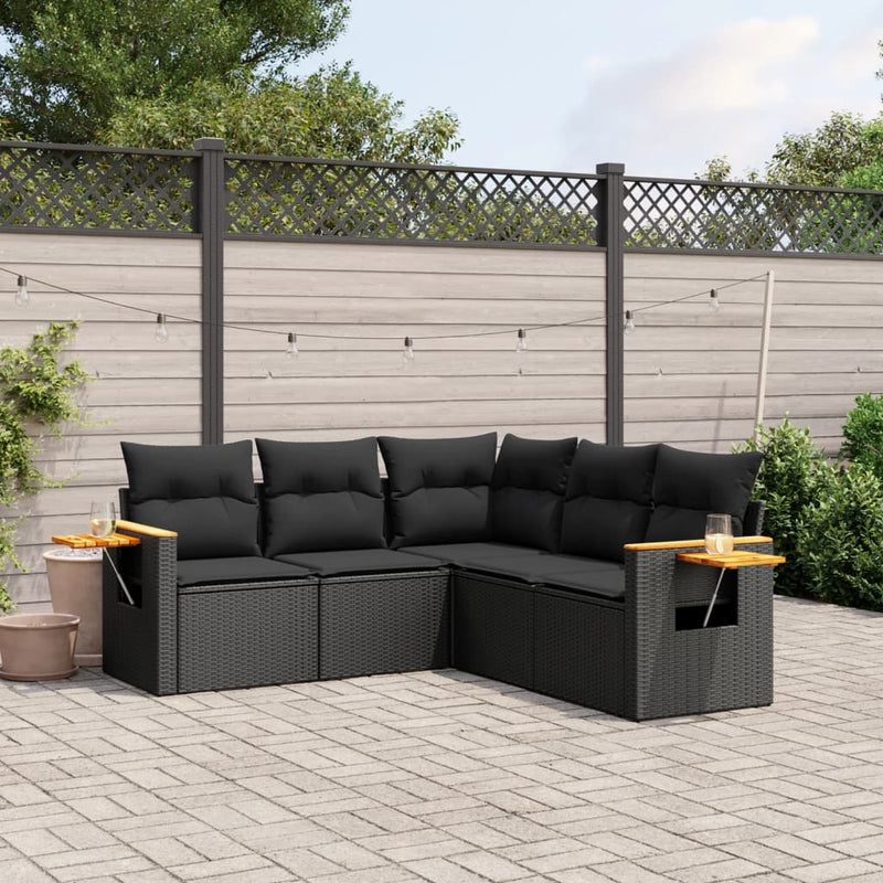 5-tlg. Garten-Sofagarnitur mit Kissen Schwarz Poly Rattan