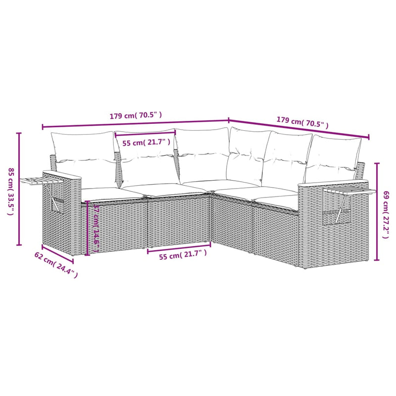 5-tlg. Garten-Sofagarnitur mit Kissen Schwarz Poly Rattan