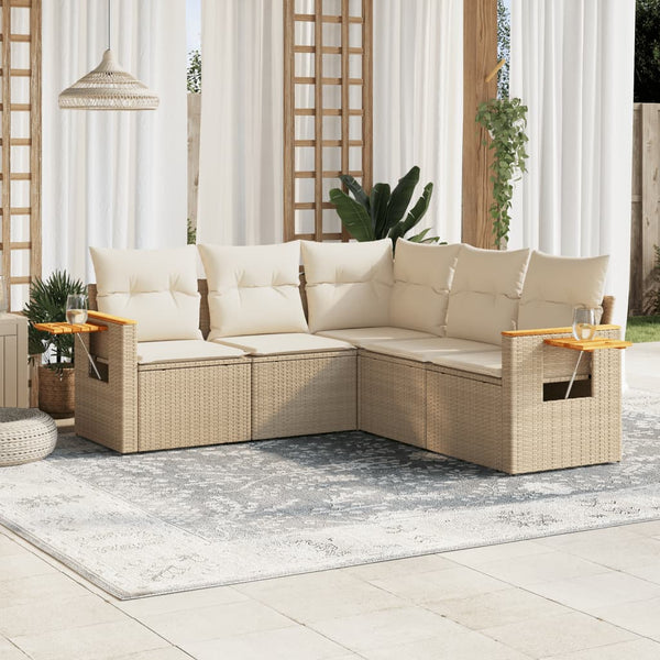 5-tlg. Garten-Sofagarnitur mit Kissen Beige Poly Rattan