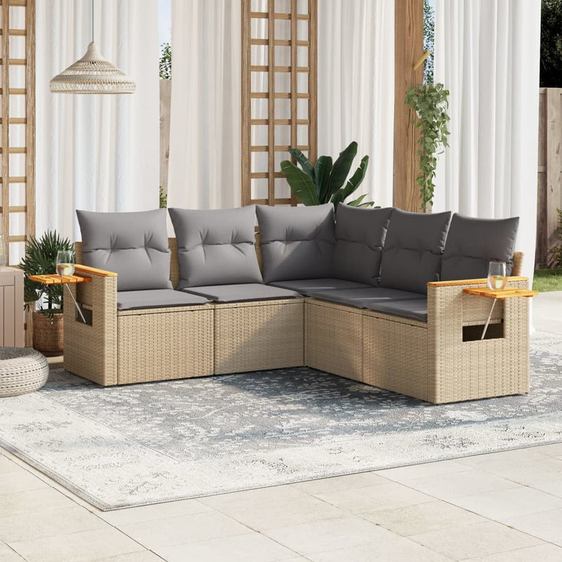 5-tlg. Garten-Sofagarnitur mit Kissen Beige Poly Rattan