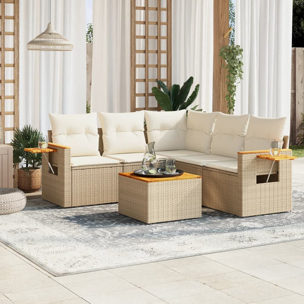 6-tlg. Garten-Sofagarnitur mit Kissen Beige Poly Rattan