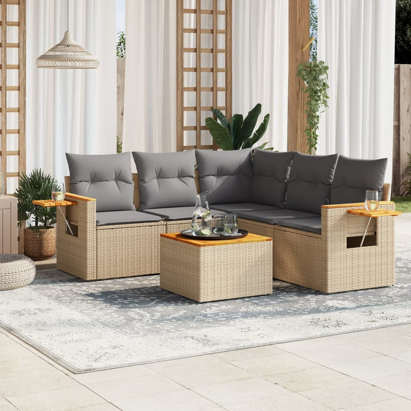 6-tlg. Garten-Sofagarnitur mit Kissen Beige Poly Rattan