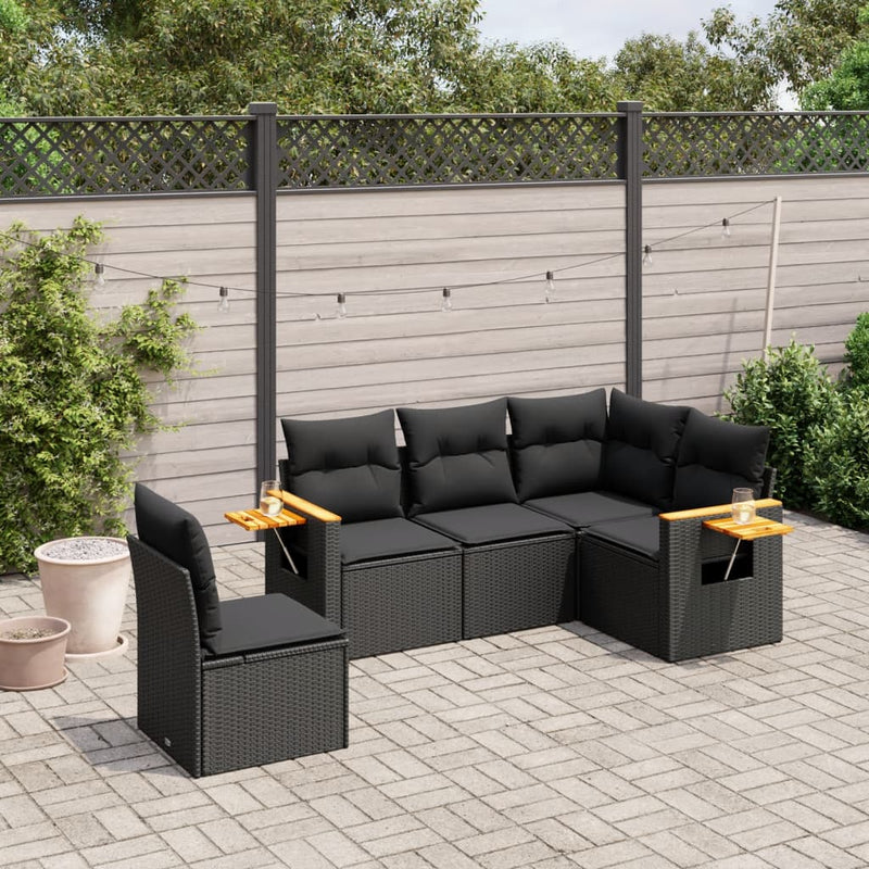 5-tlg. Garten-Sofagarnitur mit Kissen Schwarz Poly Rattan