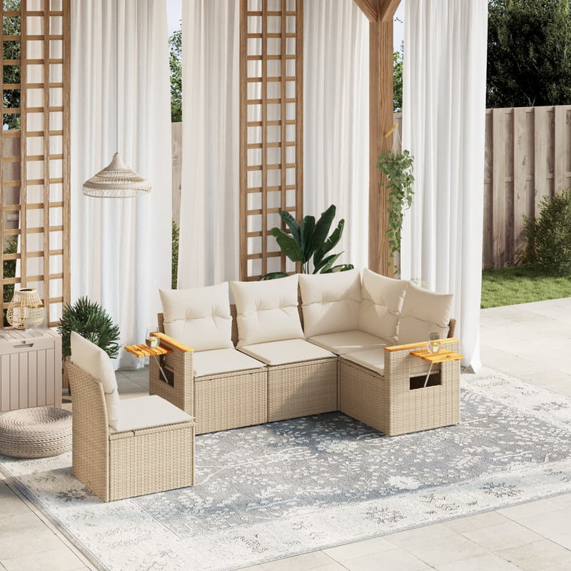 5-tlg. Garten-Sofagarnitur mit Kissen Beige Poly Rattan