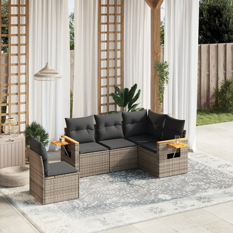 5-tlg. Garten-Sofagarnitur mit Kissen Grau Poly Rattan