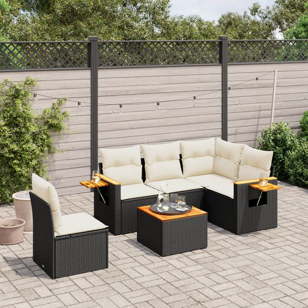 6-tlg. Garten-Sofagarnitur mit Kissen Schwarz Poly Rattan