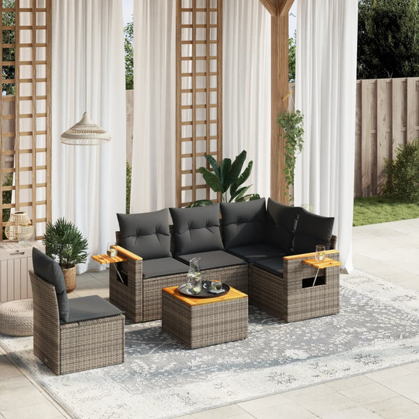 6-tlg. Garten-Sofagarnitur mit Kissen Grau Poly Rattan