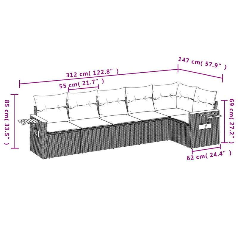 6-tlg. Garten-Sofagarnitur mit Kissen Grau Poly Rattan