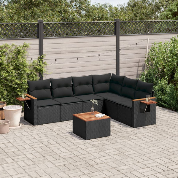 7-tlg. Garten-Sofagarnitur mit Kissen Schwarz Poly Rattan