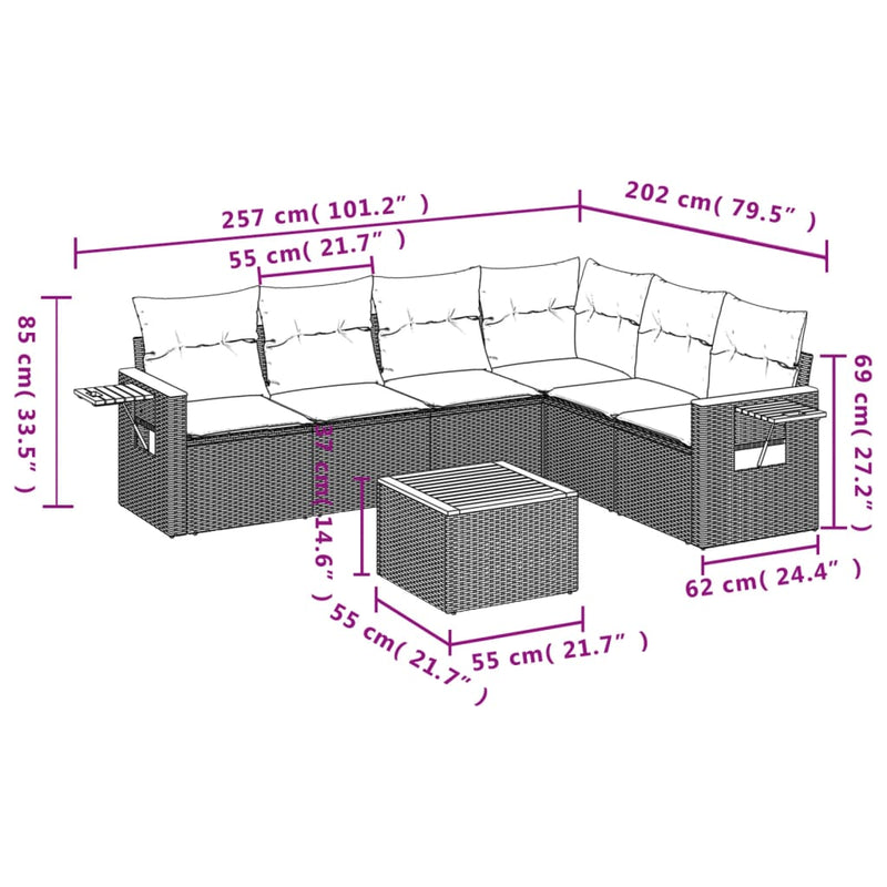 7-tlg. Garten-Sofagarnitur mit Kissen Schwarz Poly Rattan