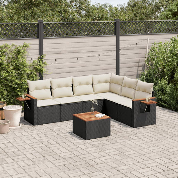 7-tlg. Garten-Sofagarnitur mit Kissen Schwarz Poly Rattan