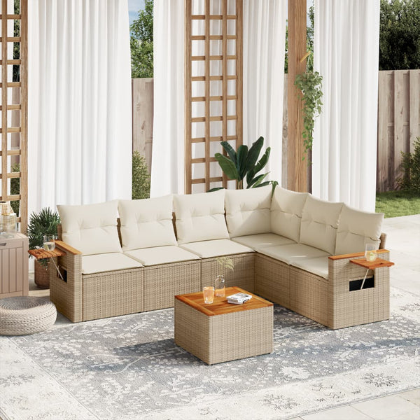 7-tlg. Garten-Sofagarnitur mit Kissen Beige Poly Rattan