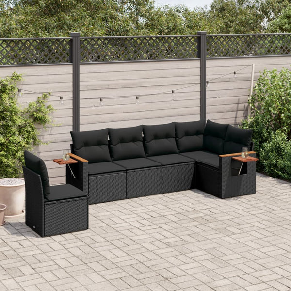 6-tlg. Garten-Sofagarnitur mit Kissen Schwarz Poly Rattan