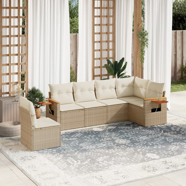 6-tlg. Garten-Sofagarnitur mit Kissen Beige Poly Rattan