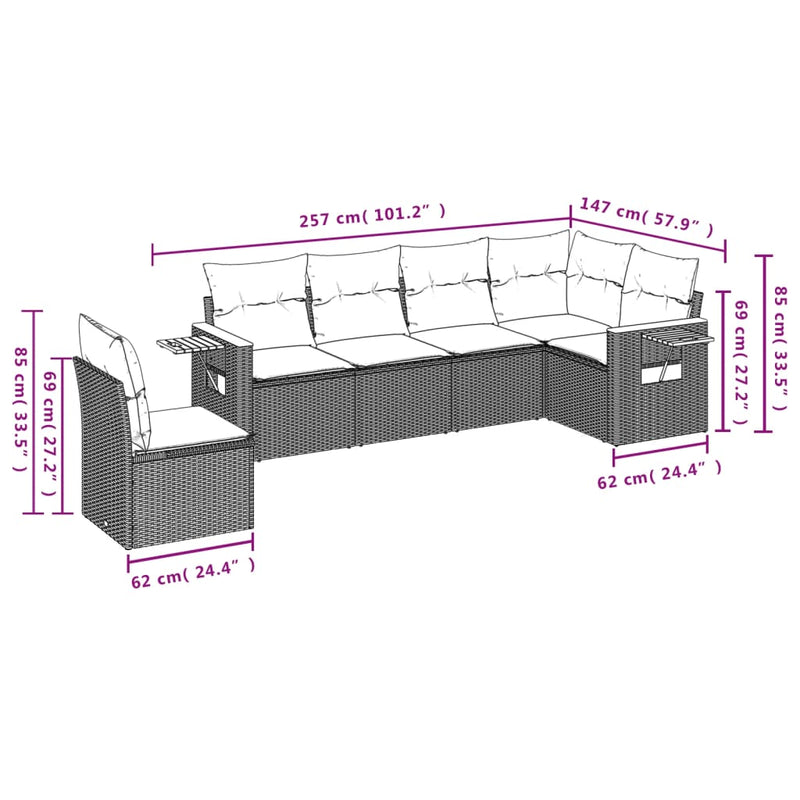 6-tlg. Garten-Sofagarnitur mit Kissen Beige Poly Rattan