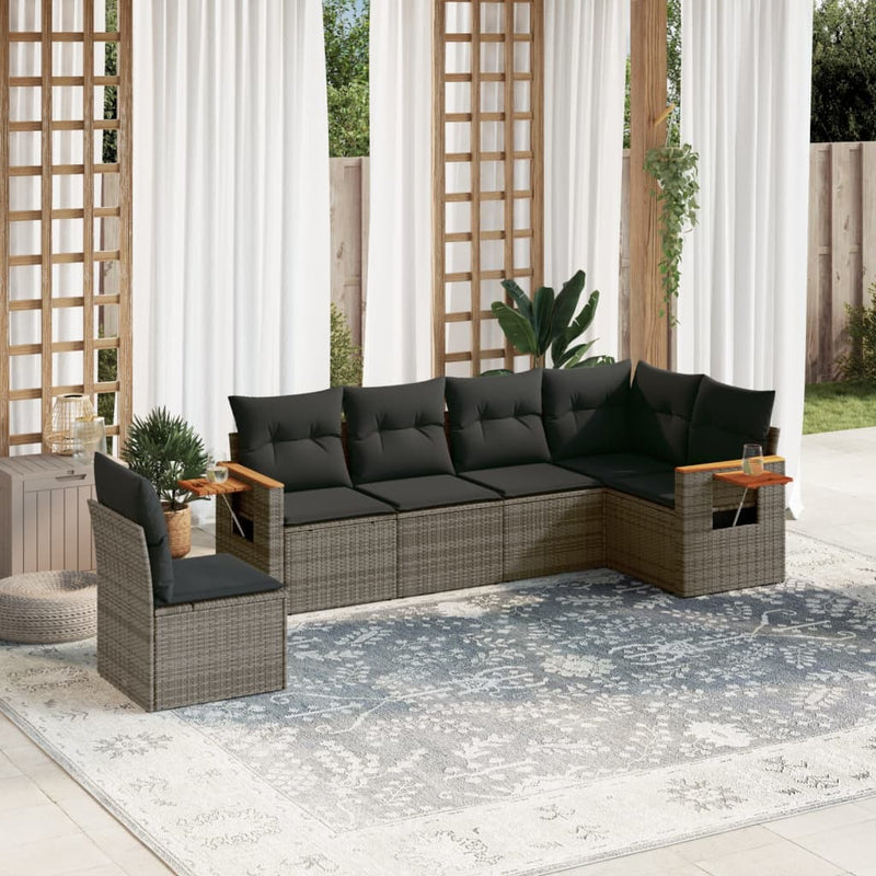 6-tlg. Garten-Sofagarnitur mit Kissen Grau Poly Rattan