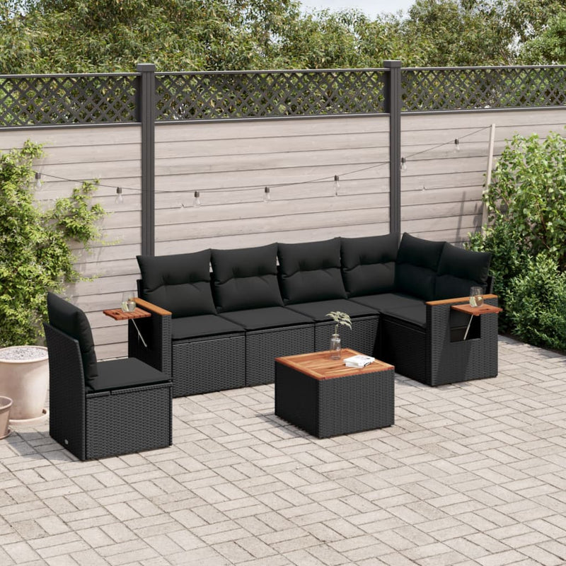 7-tlg. Garten-Sofagarnitur mit Kissen Schwarz Poly Rattan