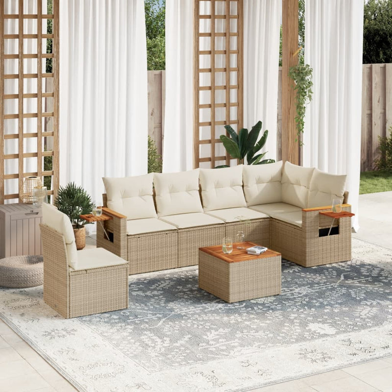 7-tlg. Garten-Sofagarnitur mit Kissen Beige Poly Rattan