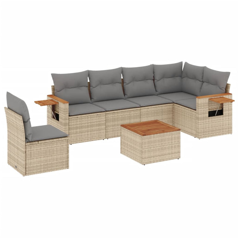 7-tlg. Garten-Sofagarnitur mit Kissen Beige Poly Rattan