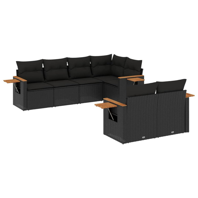 7-tlg. Garten-Sofagarnitur mit Kissen Schwarz Poly Rattan