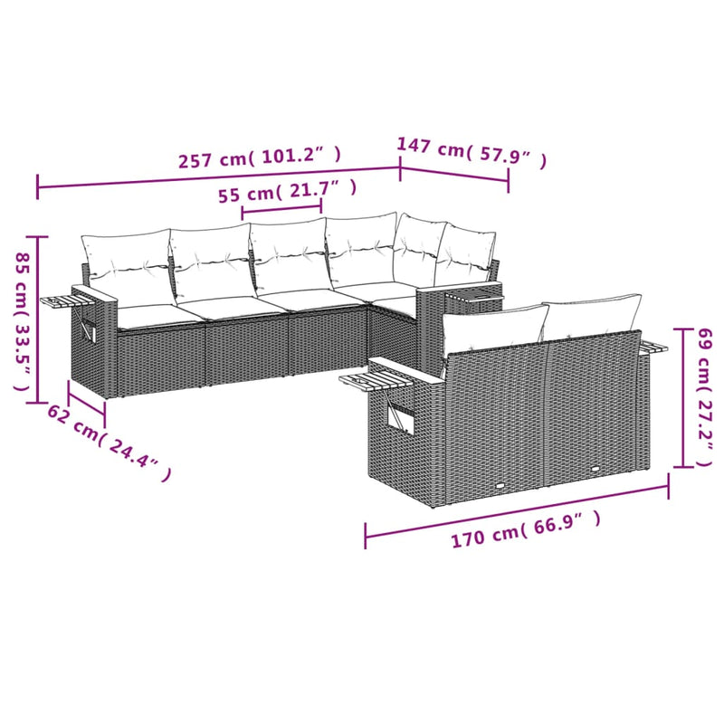 7-tlg. Garten-Sofagarnitur mit Kissen Grau Poly Rattan