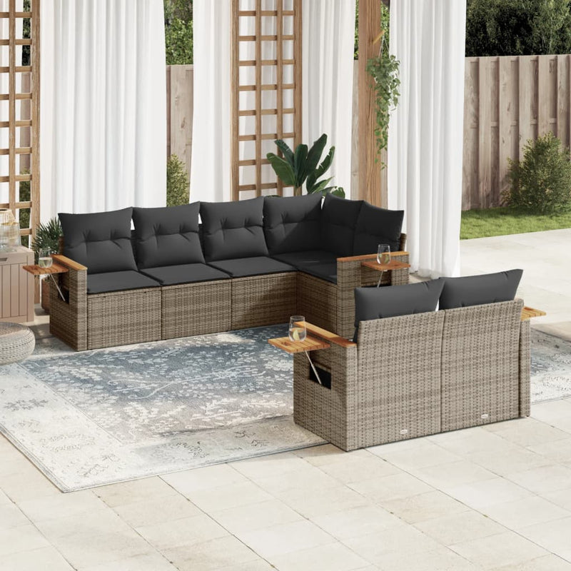 7-tlg. Garten-Sofagarnitur mit Kissen Grau Poly Rattan