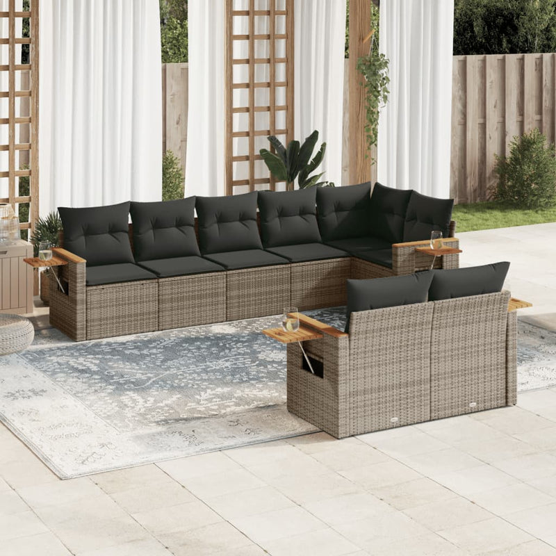 8-tlg. Garten-Sofagarnitur mit Kissen Grau Poly Rattan