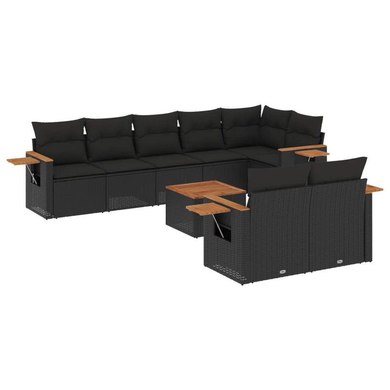 9-tlg. Garten-Sofagarnitur mit Kissen Schwarz Poly Rattan