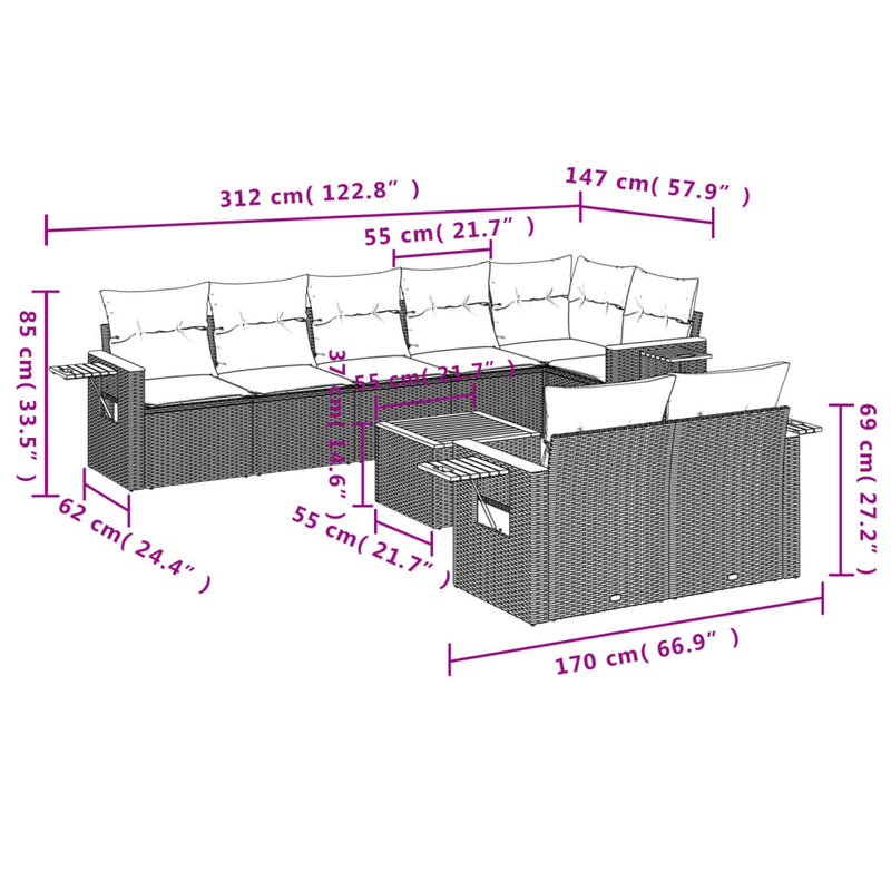 9-tlg. Garten-Sofagarnitur mit Kissen Schwarz Poly Rattan