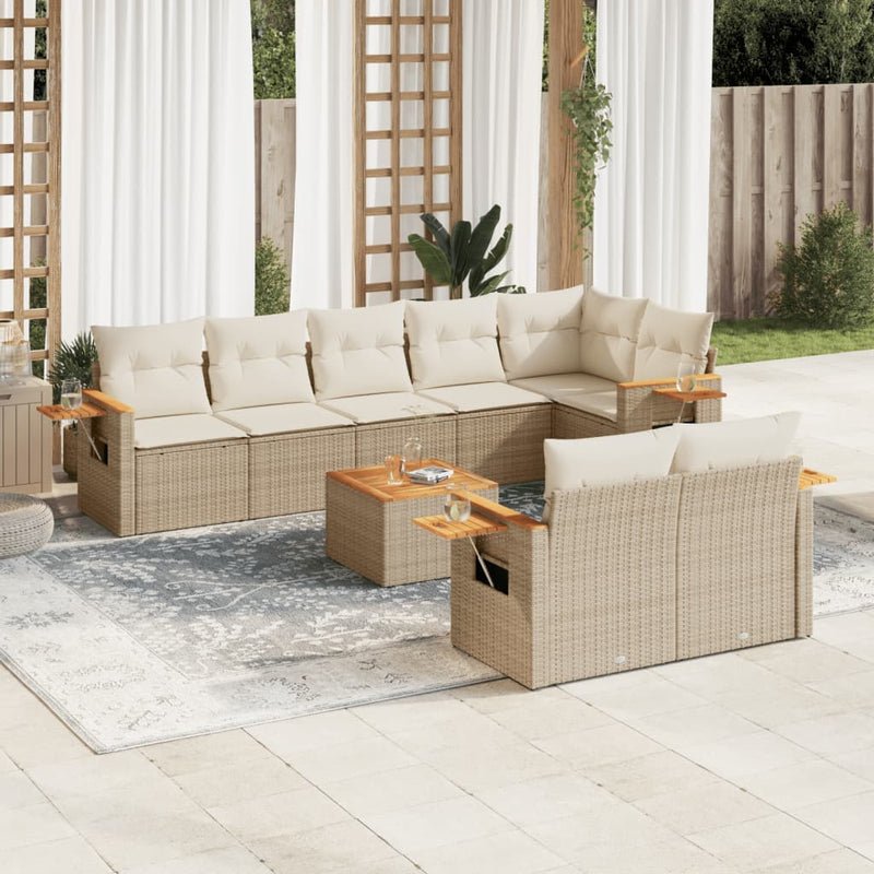 9-tlg. Garten-Sofagarnitur mit Kissen Beige Poly Rattan